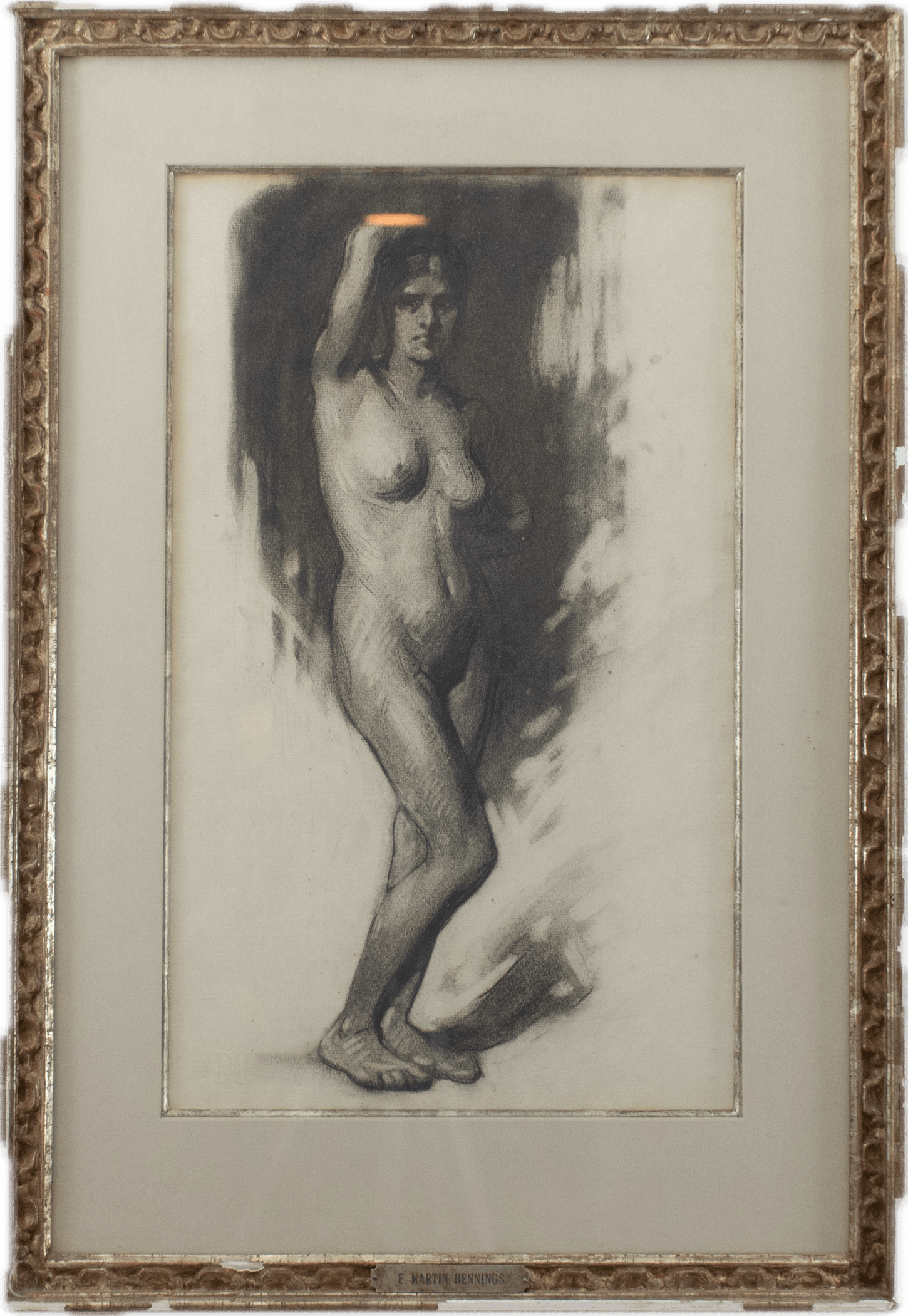 A standing female figure study with arm raised above head, rendered in charcoal with dramatic tonal contrast showing confident anatomical rendering in the academic tradition.