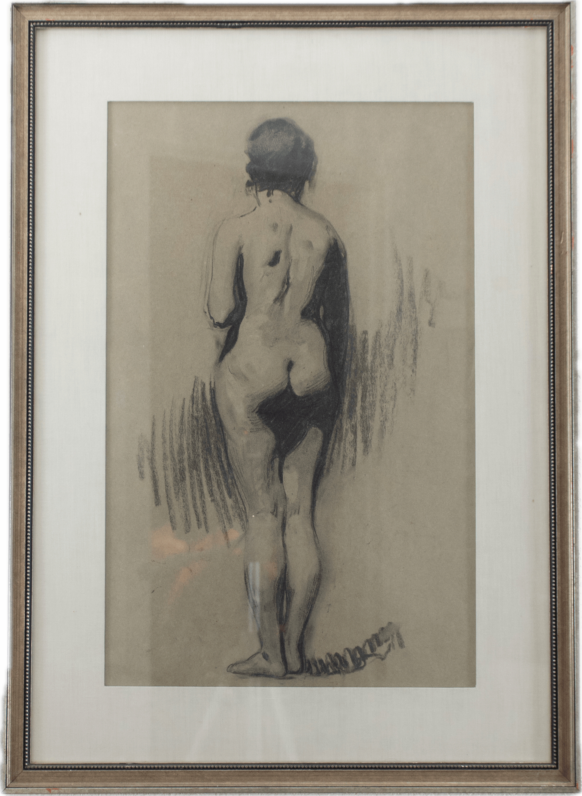 A standing female figure viewed from behind, rendered in charcoal with hatched shading capturing the curves of the form in the Munich-trained academic tradition.