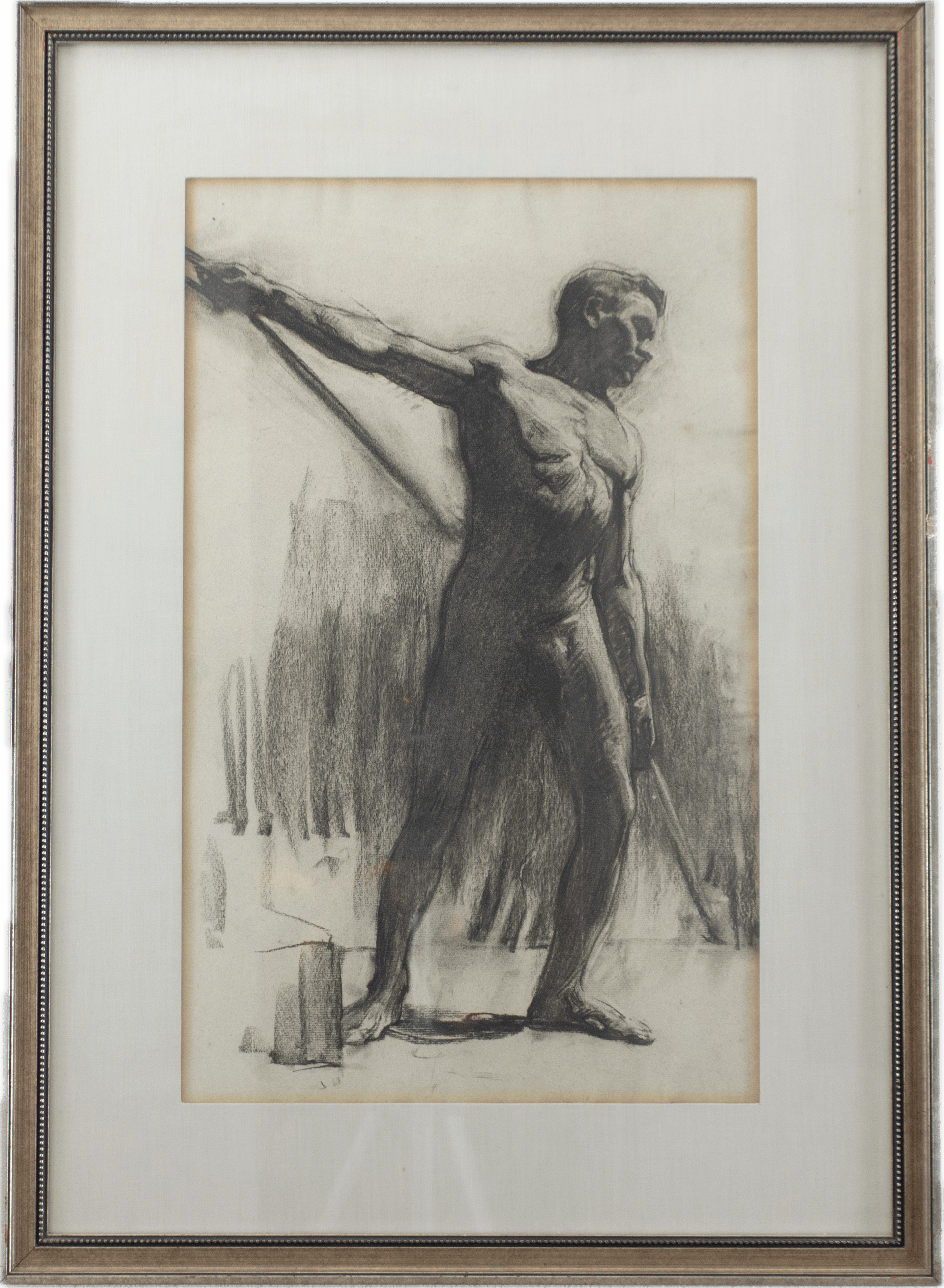 Six figure studies arranged on one sheet showing varied poses, rendered in chalk and pastel demonstrating classical academic training in figure drawing.