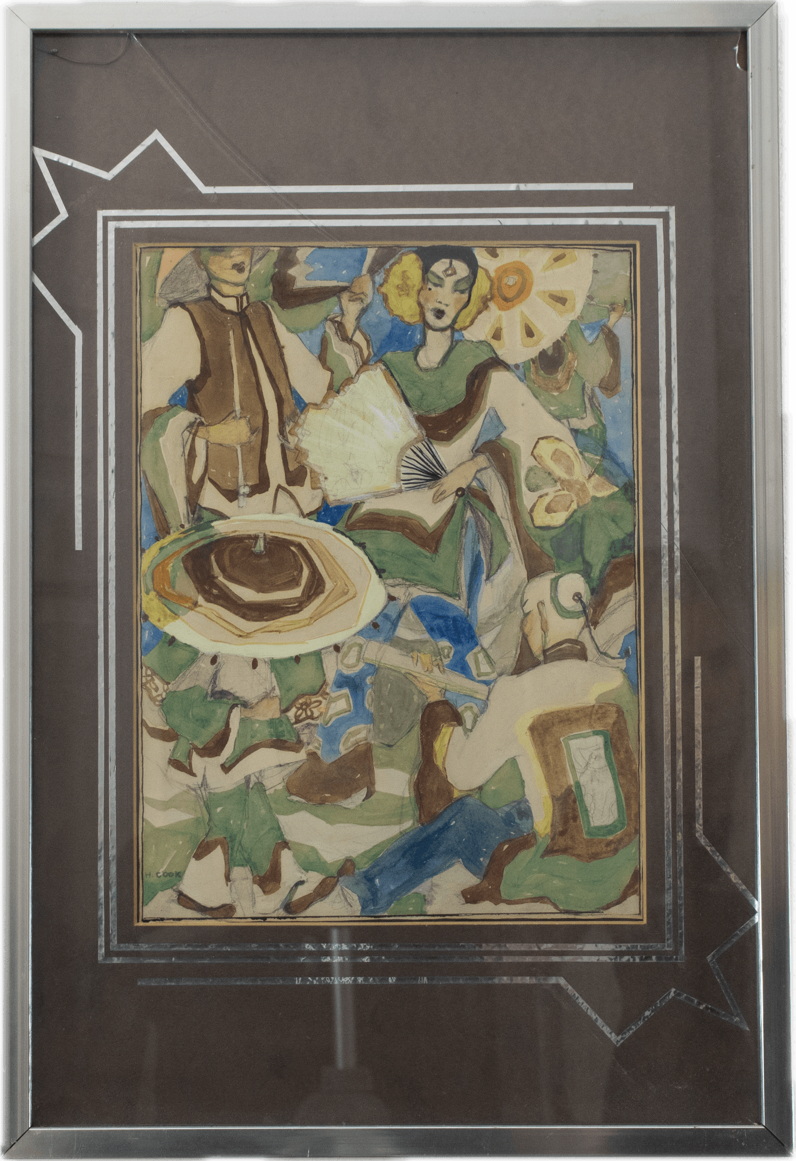 A theatrical scene depicting performers on stage, rendered in mixed media with dramatic lighting and expressive figures capturing the energy of live entertainment.