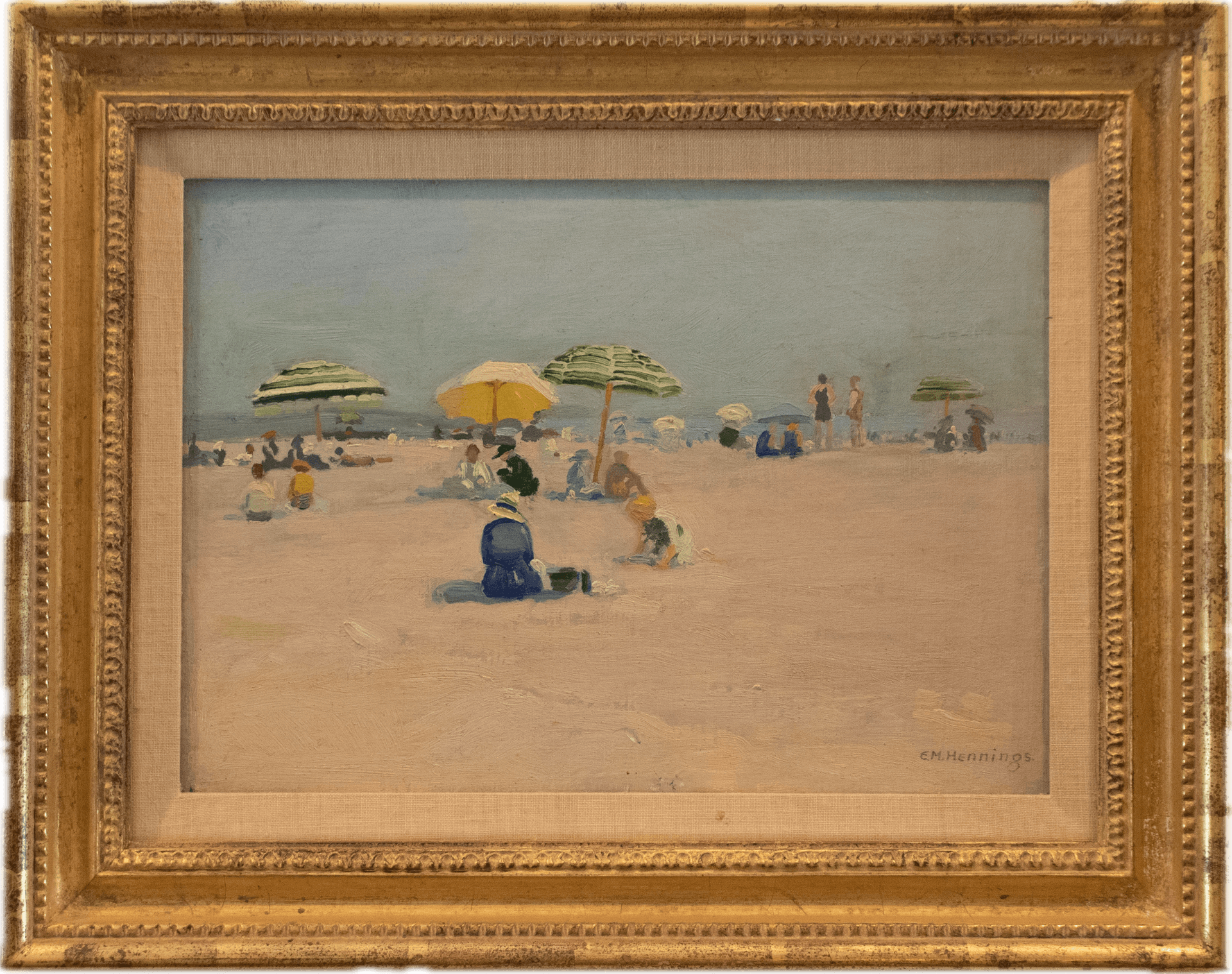 Beachgoers relaxing under colorful striped umbrellas on pale sand, with figures in summer attire enjoying a leisurely day at the shore, rendered in bright yellows, greens, and soft beach tones in the American Impressionist plein air tradition.
