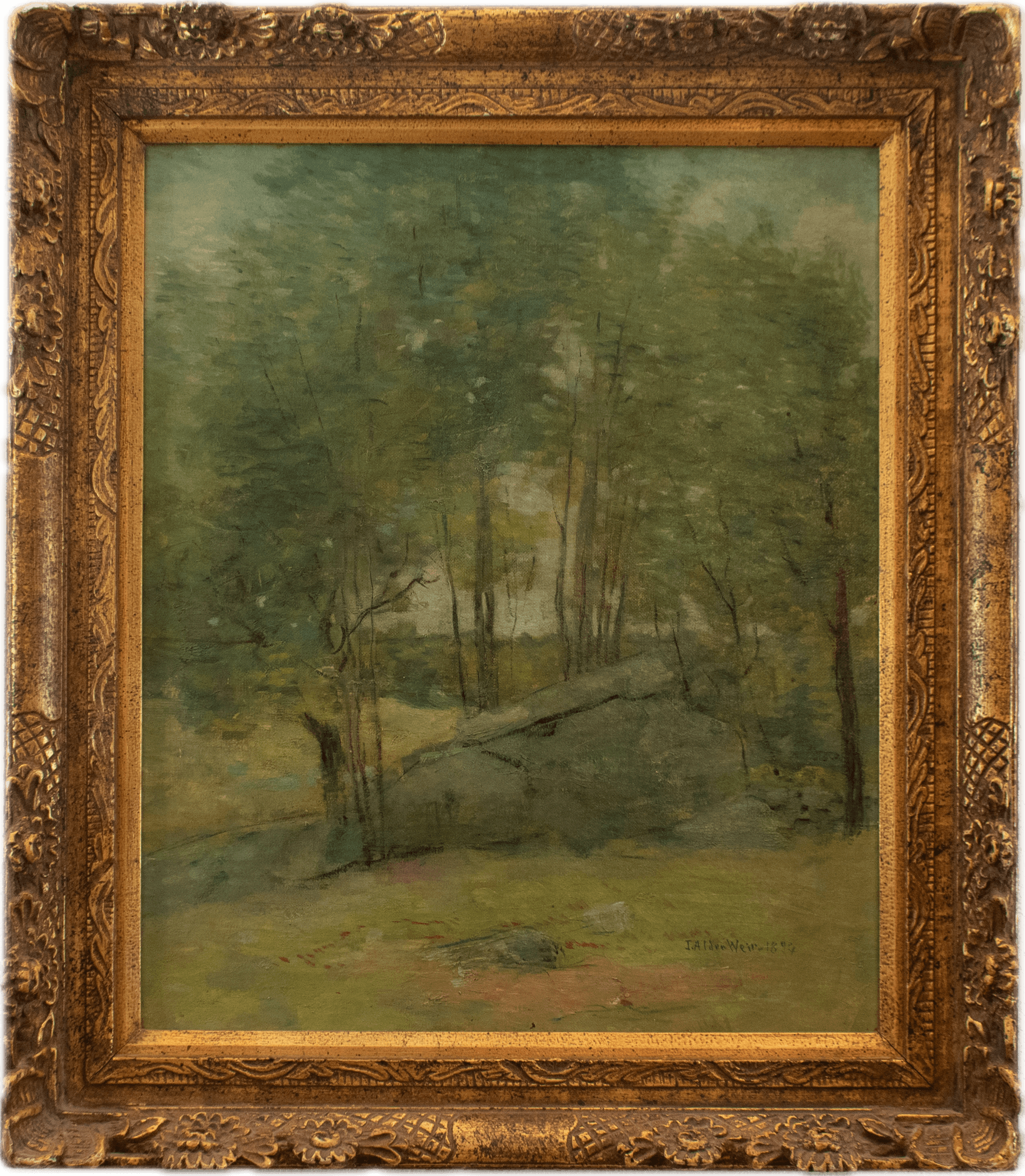 A dark boulder amid a verdant woodland scene with tall trees and dappled green foliage, rendered in the soft tonal palette and atmospheric quality characteristic of American Impressionist Tonalism.