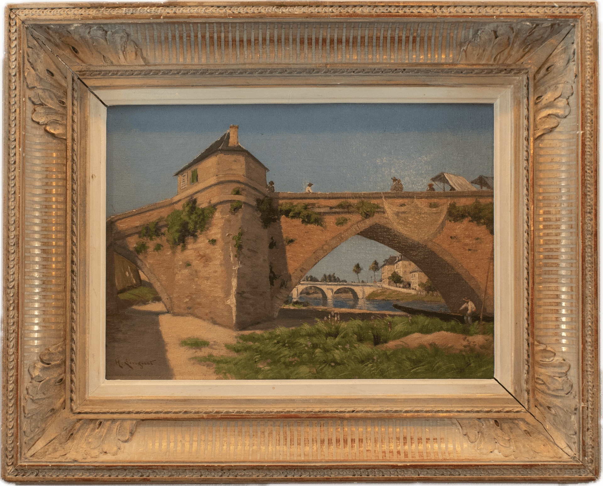 A historic stone bridge with arches spanning a river, a round tower rising above, with distant bridges visible through the arch, painted in warm ochres and soft blues depicting European architectural scenery.