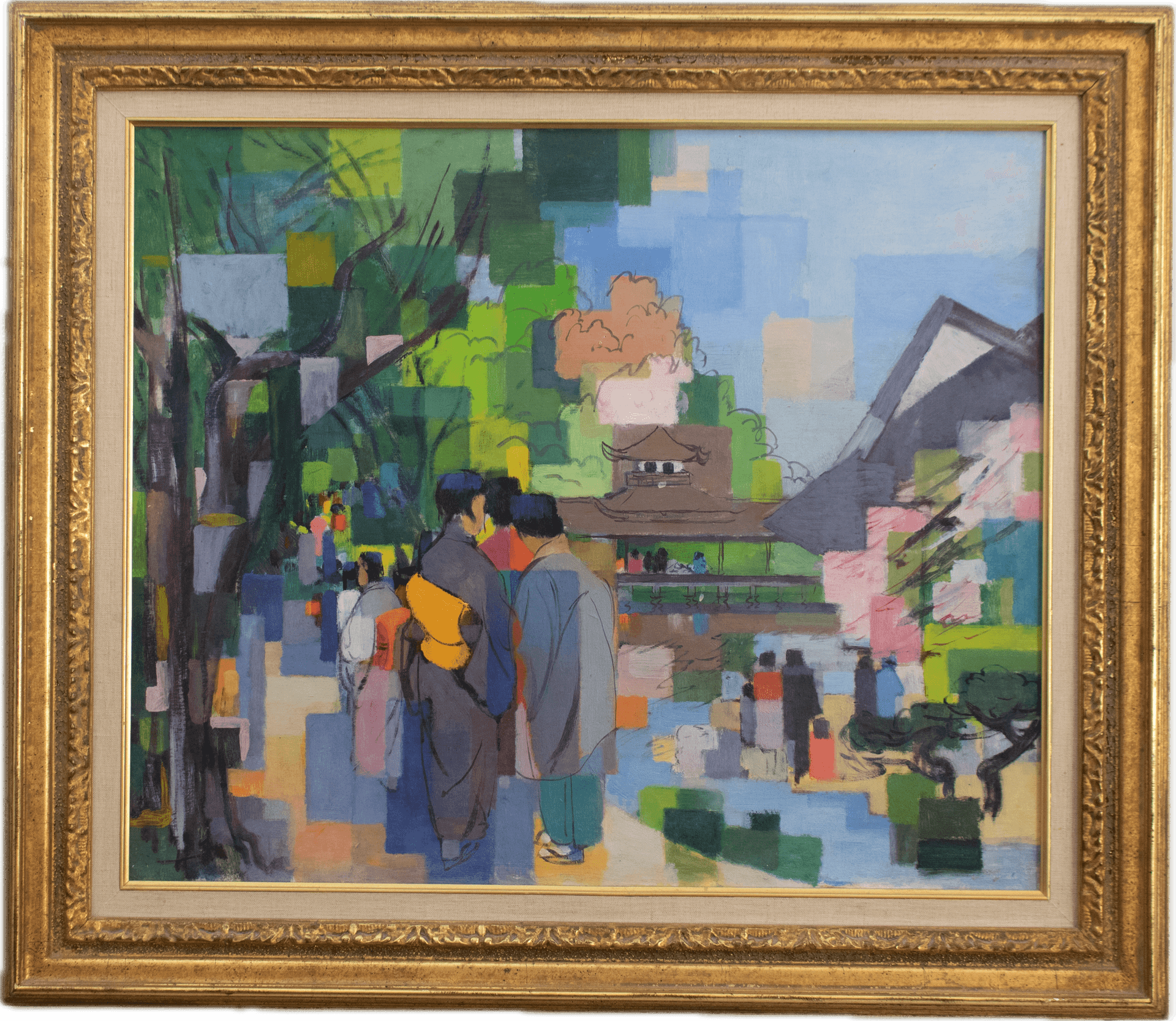 Figures in traditional Japanese kimonos strolling beneath cherry blossoms near a temple in Kyoto, rendered in vibrant geometric blocks of green, pink, blue, and orange reflecting the Synchromist color theory and modernist abstraction.