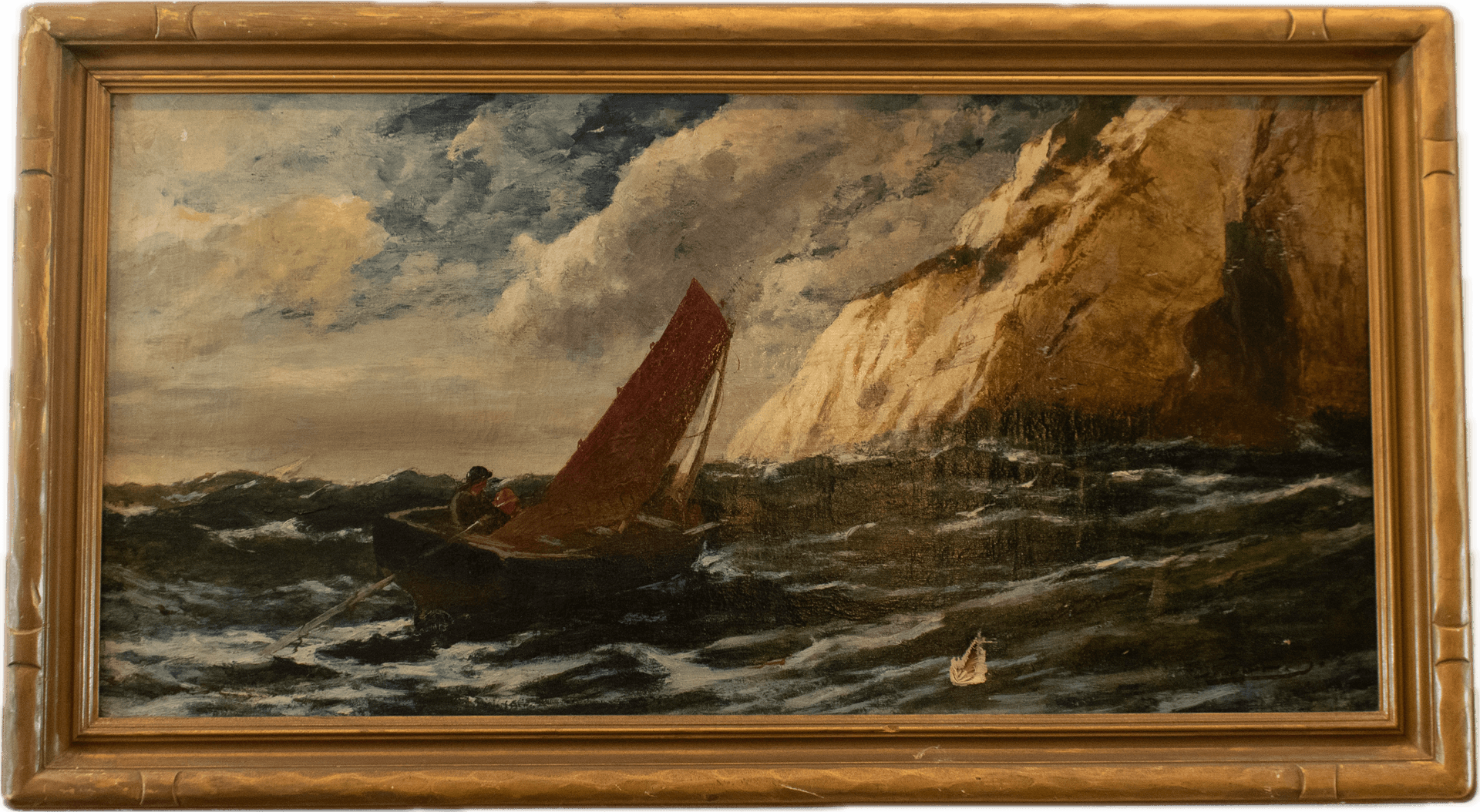 A fisherman in a small sailboat with red-brown sail navigating dramatic choppy seas near towering white cliffs under stormy skies, painted in the romantic Victorian marine painting tradition with dynamic movement and atmosphere.
