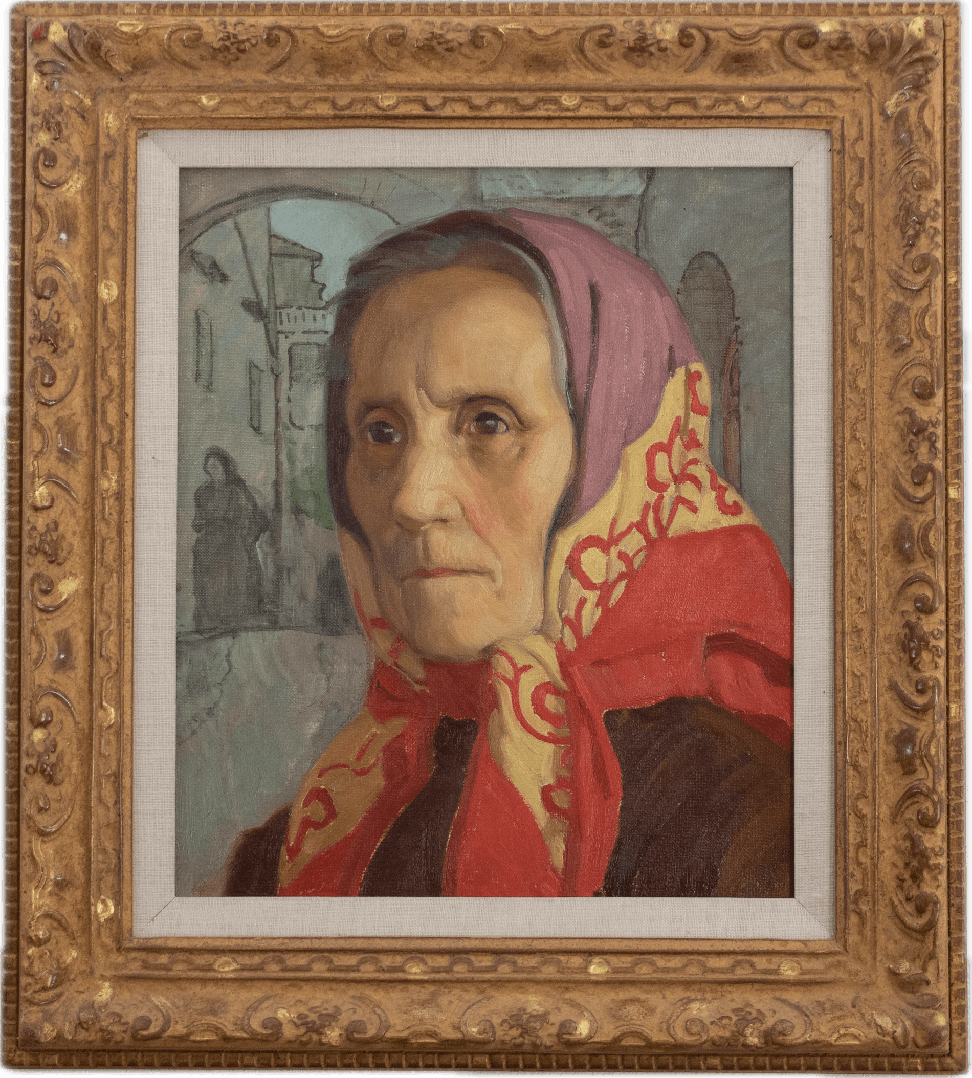 A dignified portrait of an Italian woman wearing a vibrant red and gold patterned headscarf against a soft blue-gray background with architectural elements, her weathered face rendered with empathetic realism in the European portrait tradition.