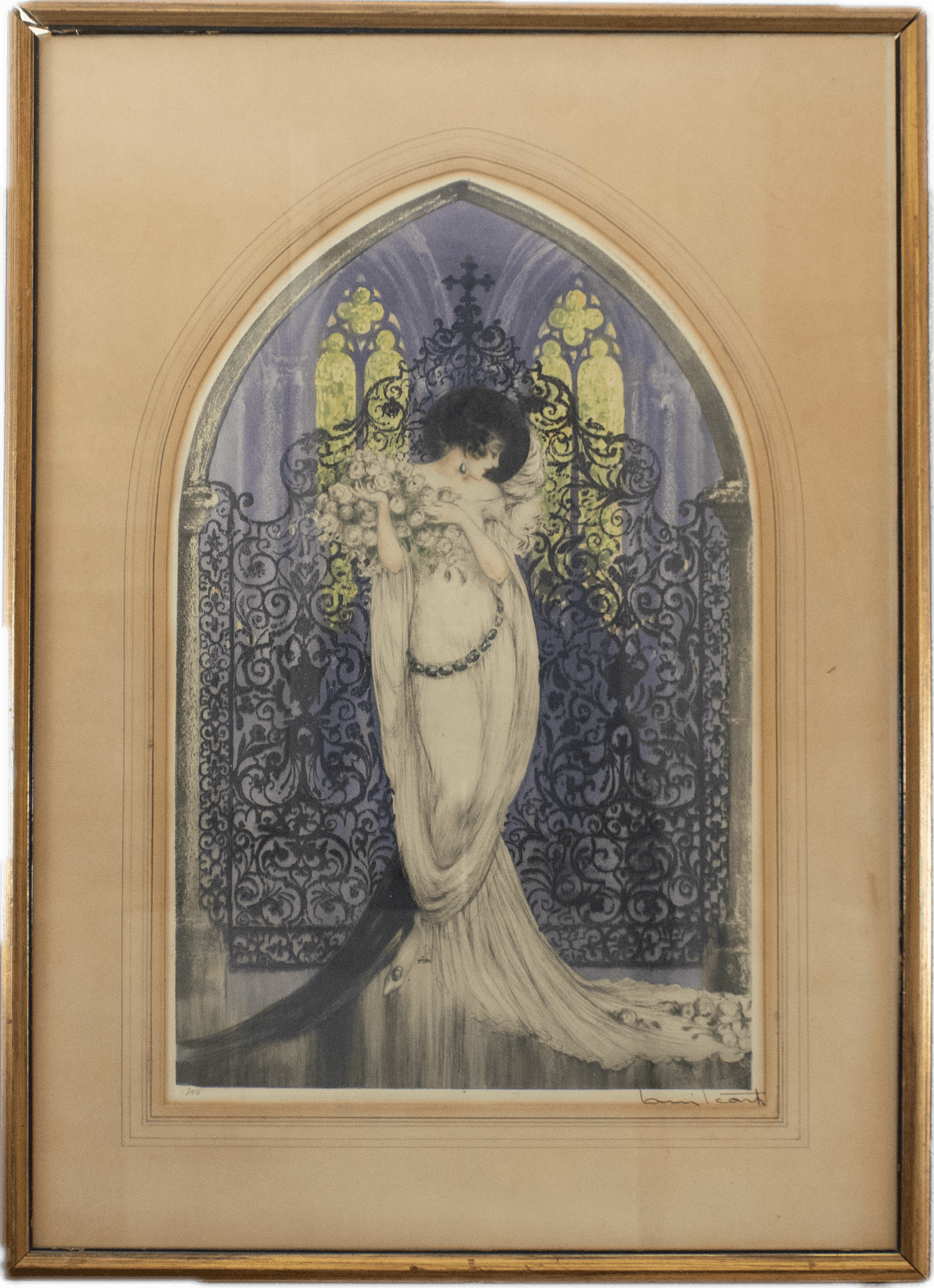 An elegant Art Deco woman in flowing gown surrounded by lush pink roses, etched in the sensuous, decorative style characteristic of French printmaking of the 1920s.