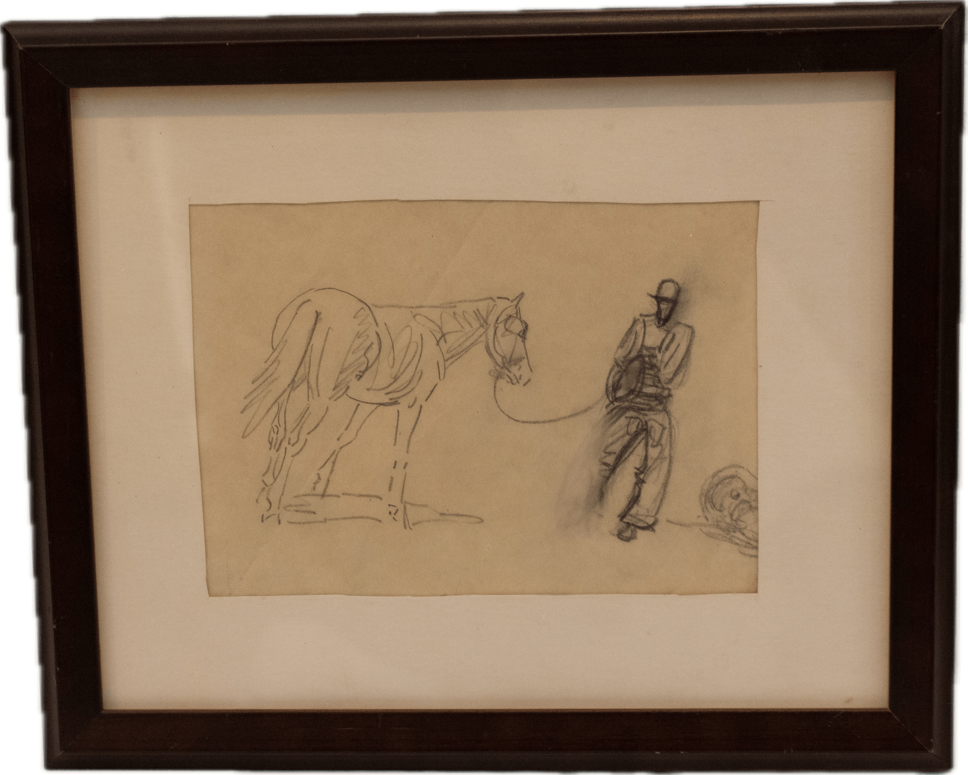 A cowboy leading a horse by the reins across open ground, rendered in quick, confident strokes characteristic of Western American illustration capturing frontier ranch life.