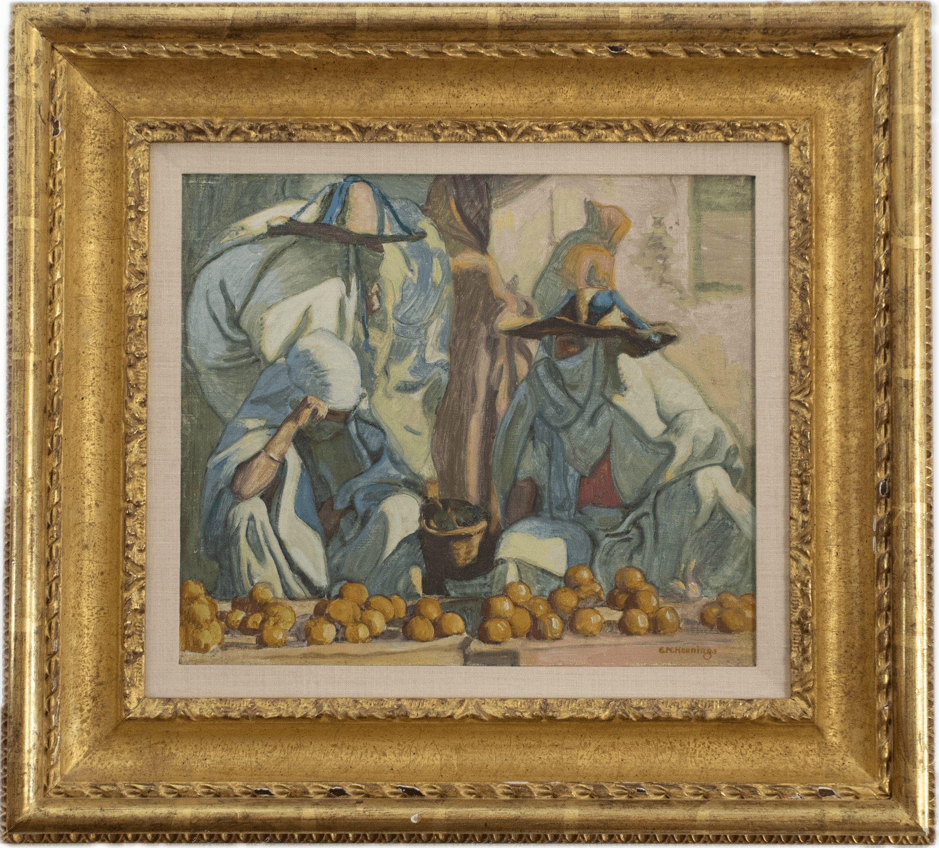 Moroccan vendors in traditional robes and pointed hats seated among piles of golden oranges, rendered in muted blues, ochres, and earth tones with bold Orientalist brushwork capturing the exotic atmosphere of a North African souk.