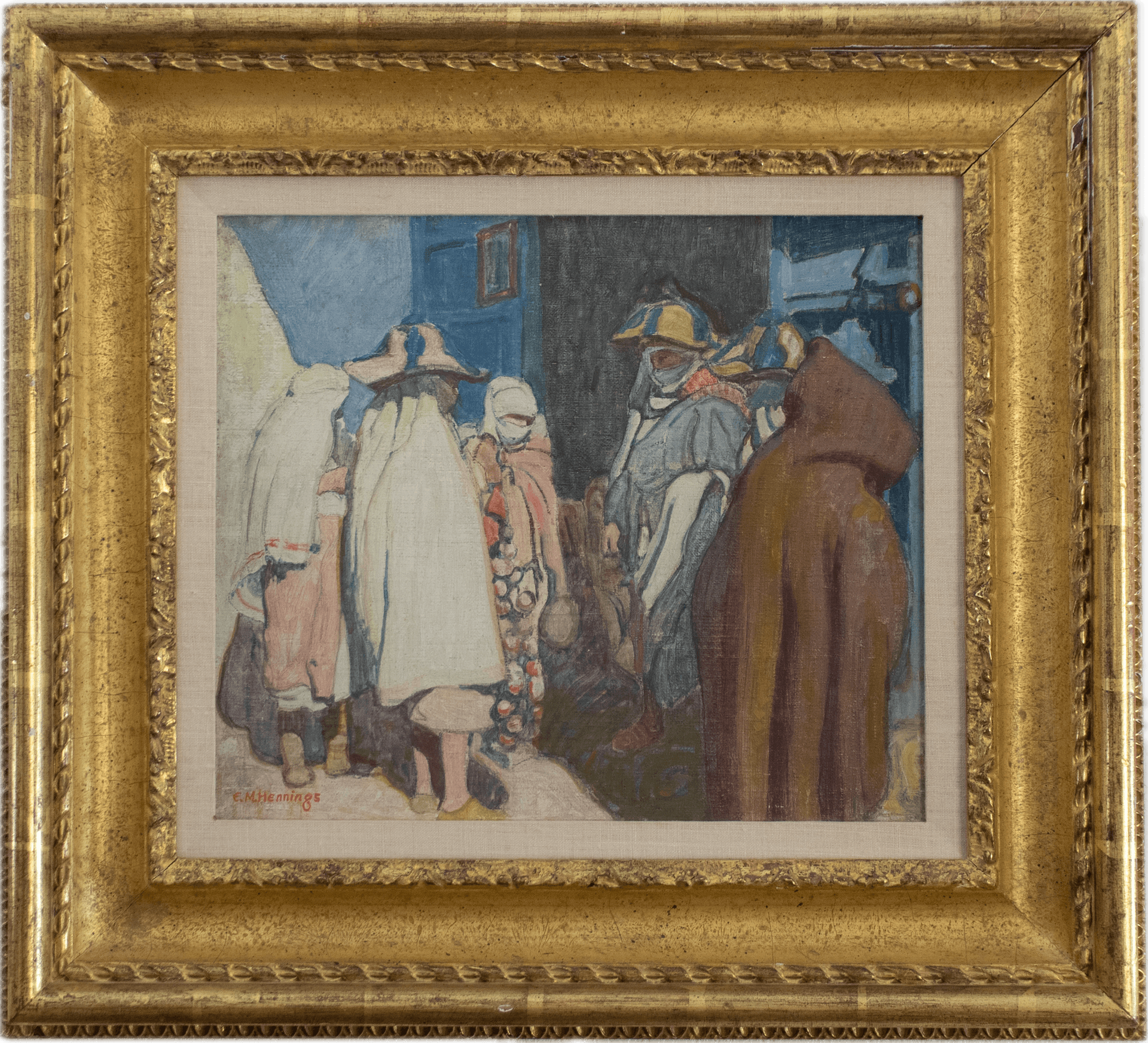 Figures in flowing robes and cloaks gathering in a narrow Moroccan street, with a brown-robed figure in the foreground and others in white and colorful garments against blue-shadowed walls, painted in the Orientalist tradition.