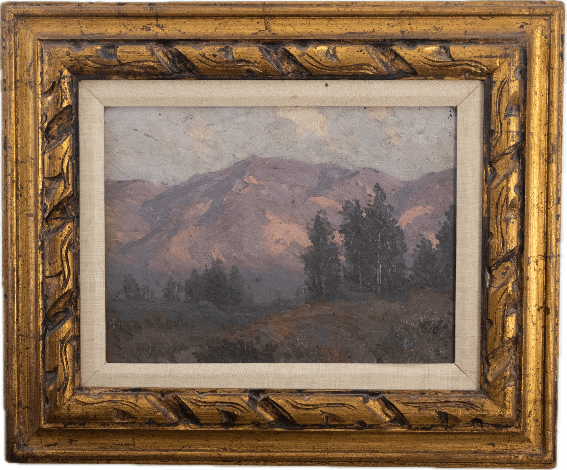 A atmospheric mountain scene with purple-pink peaks rising behind a grove of dark cypress trees, rendered in soft mauves and grays with the tonal qualities of California plein air landscape painting.