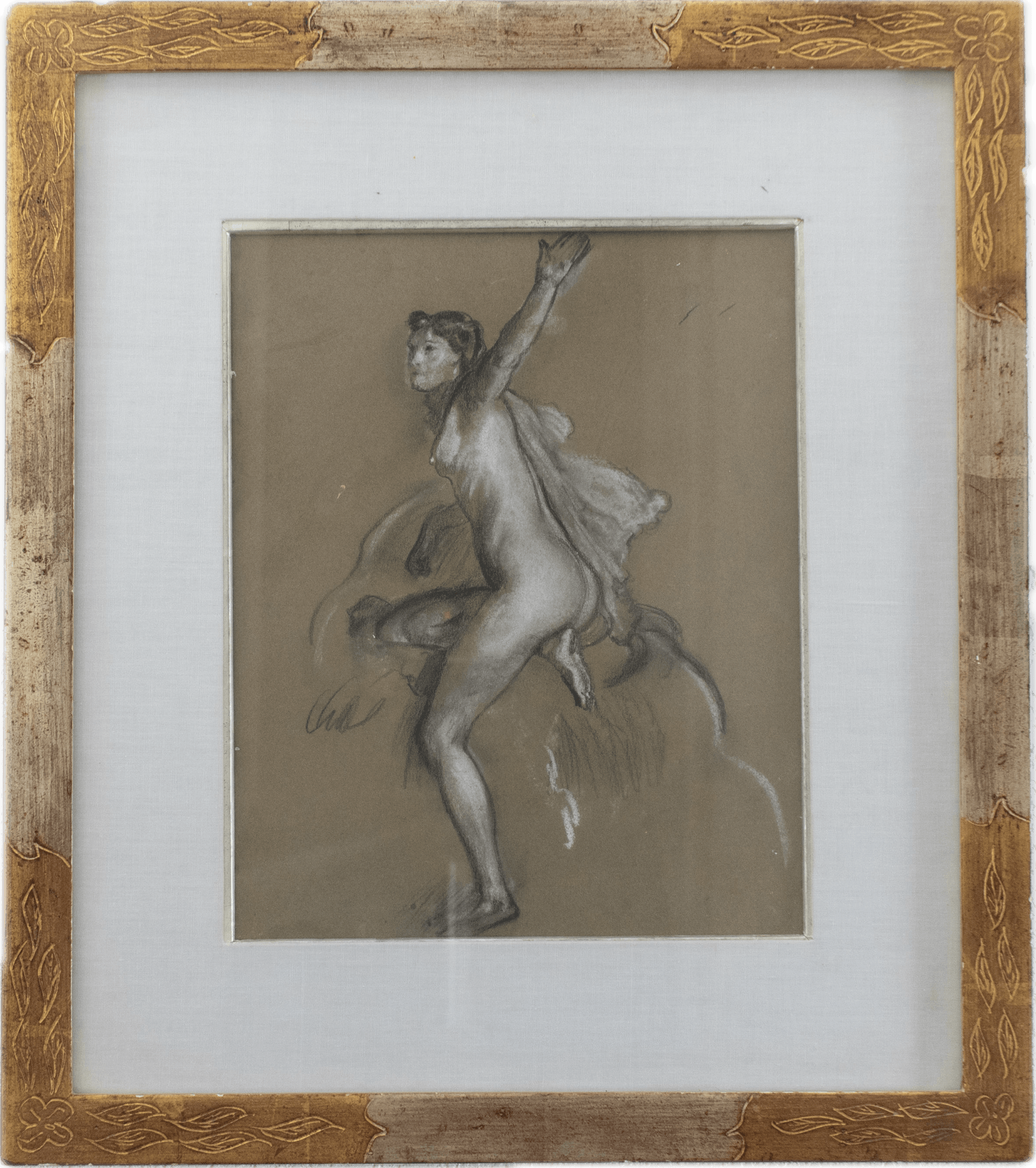 A female figure study in motion with arm raised, rendered in chalk with gestural strokes capturing dynamic movement against tonal background shadows in the academic drawing tradition.