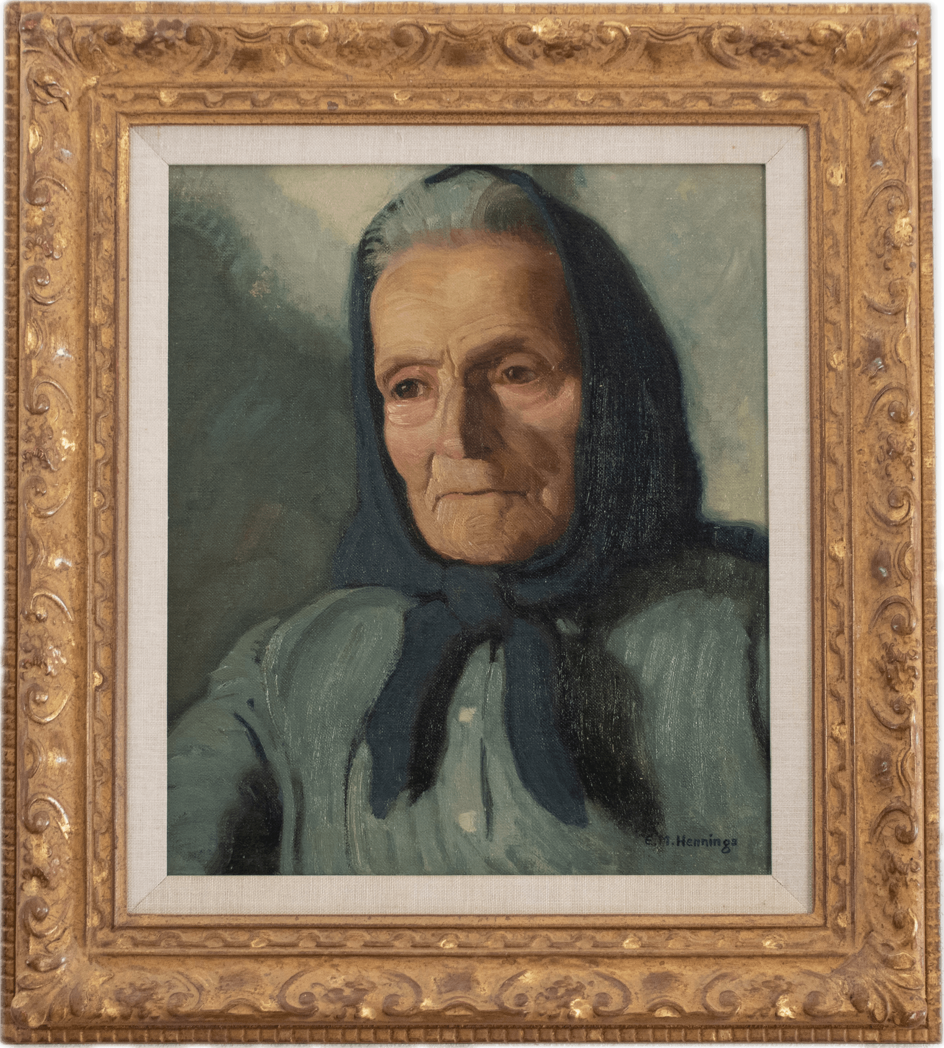 An elderly Italian woman with deeply lined face wearing a dark blue headscarf and sage-green blouse, her contemplative expression conveying dignity and resilience, painted in soft tonal greens characteristic of European portraiture.