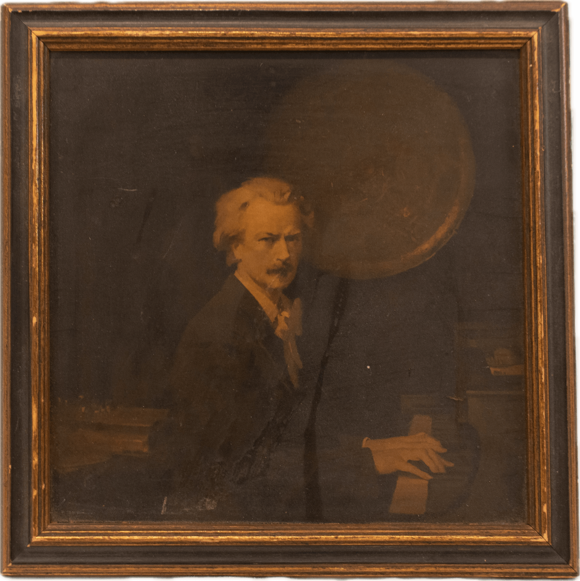 A portrait of famed composer and pianist Sergei Rachmaninoff, captured in a photo-transfer technique showing the celebrated Russian musician in formal attire.