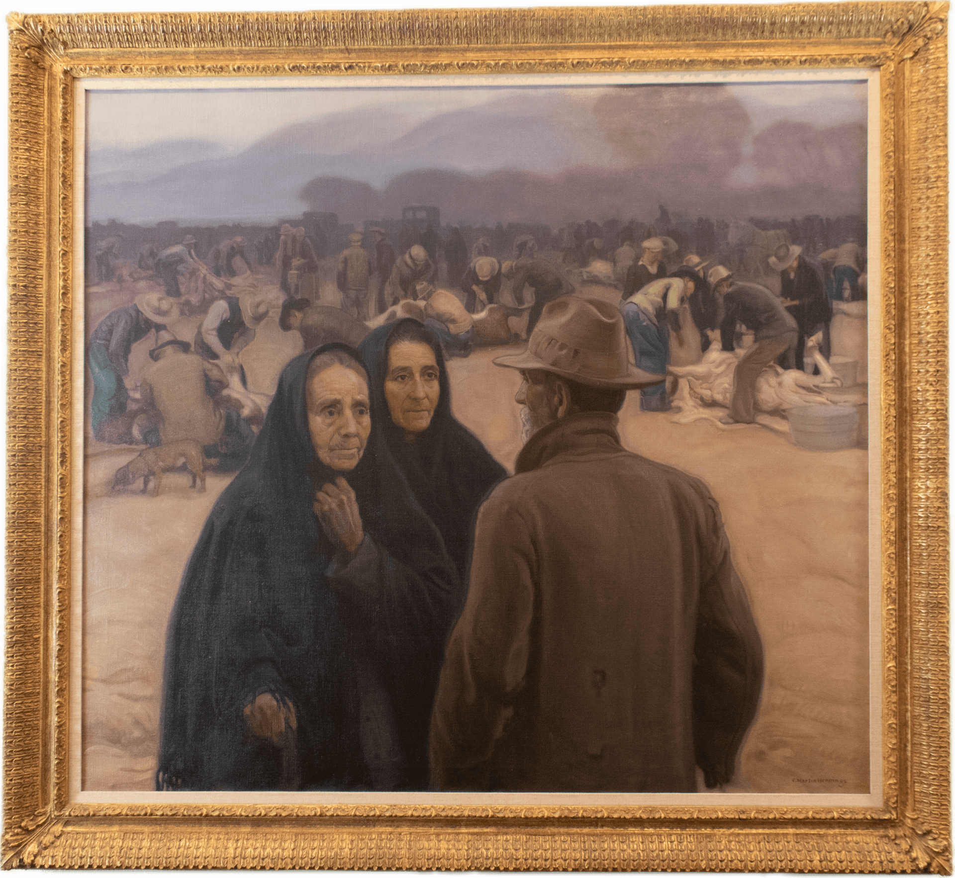 Two elderly women in dark shawls conversing with a man in a brown coat and hat in the foreground, while numerous figures work in the dusty plains behind them against distant purple mountains, capturing Depression-era life in the Taos School tradition.
