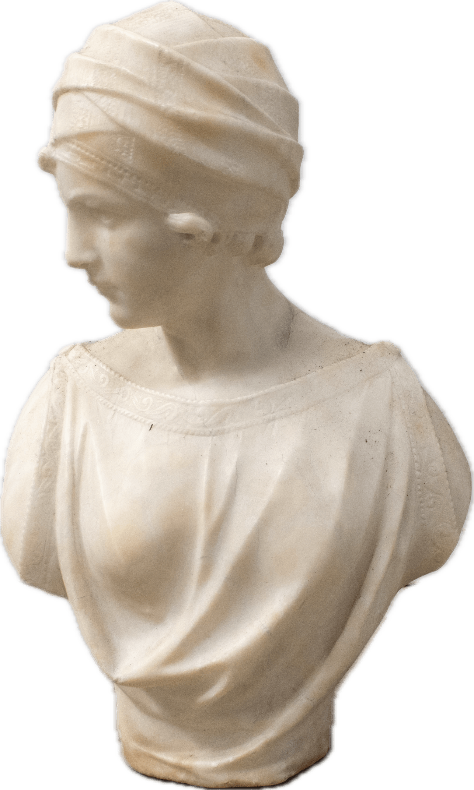 A marble bust of a Roman noblewoman with elegant profile, wearing a draped turban-style head covering and classical Roman garments, carved in the refined Neoclassical style after ancient portraits.