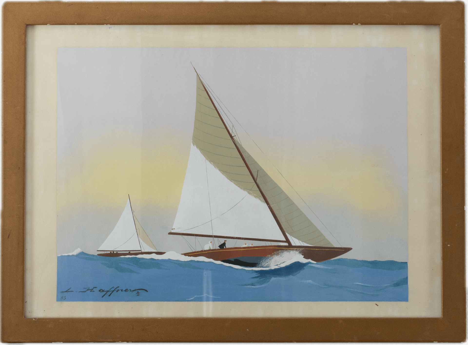 White sailboats racing across blue waters with billowing sails, other vessels in the distance, painted in soft blues, whites, and creams capturing the leisure activities of mid-20th century coastal life.