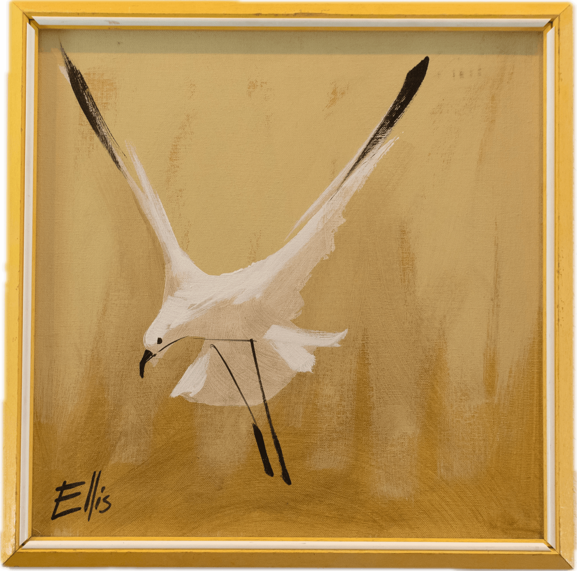 A single seagull in flight against a moody, atmospheric sky with dramatic cloud formations, rendered in soft grays and blues with bold brushwork capturing the dynamic movement of coastal wildlife.