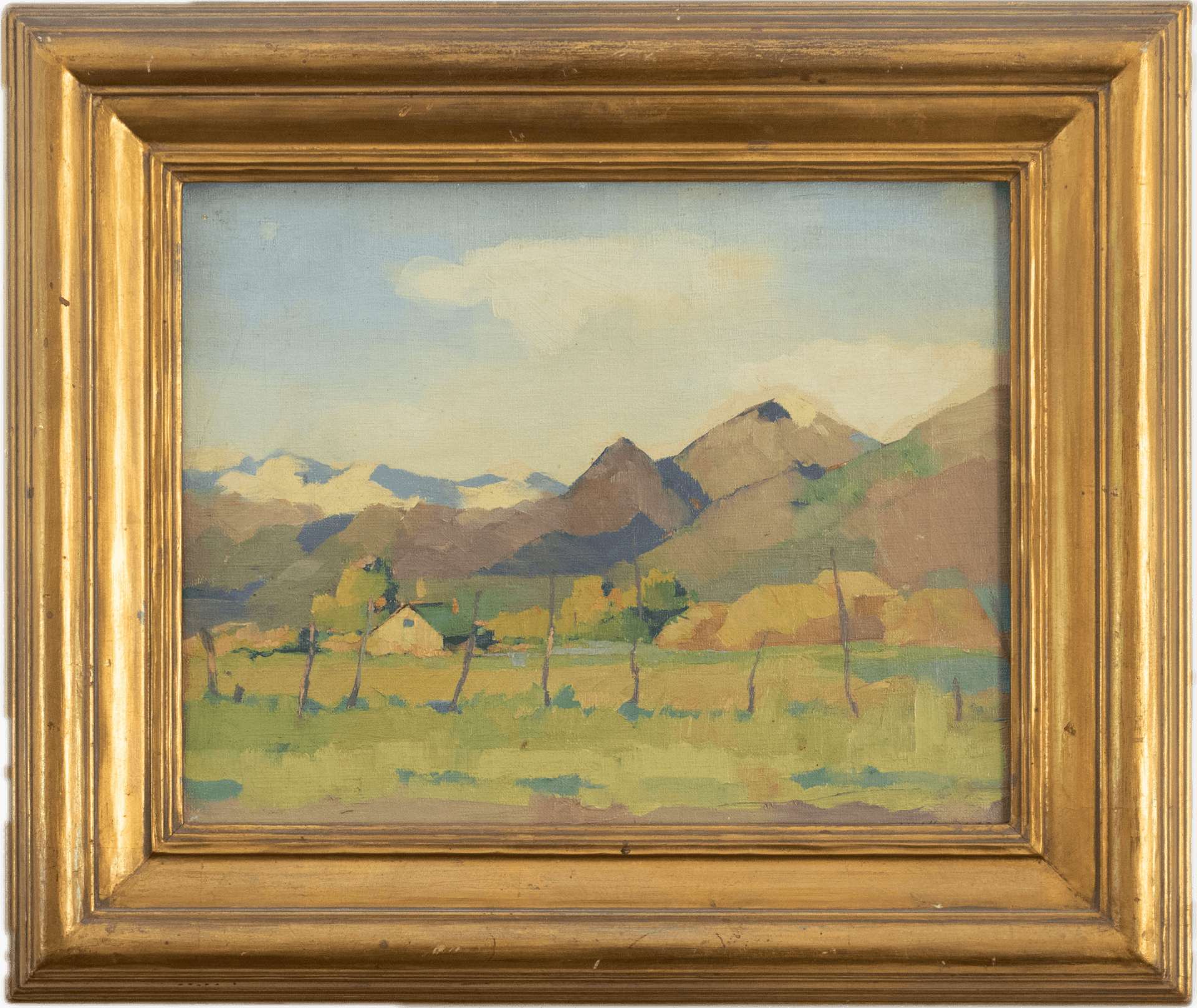 A Southwestern landscape with golden cottonwood trees and adobe buildings in a valley, purple mountains rising in the distance under a pale blue sky, painted in the luminous palette of the Taos art tradition.