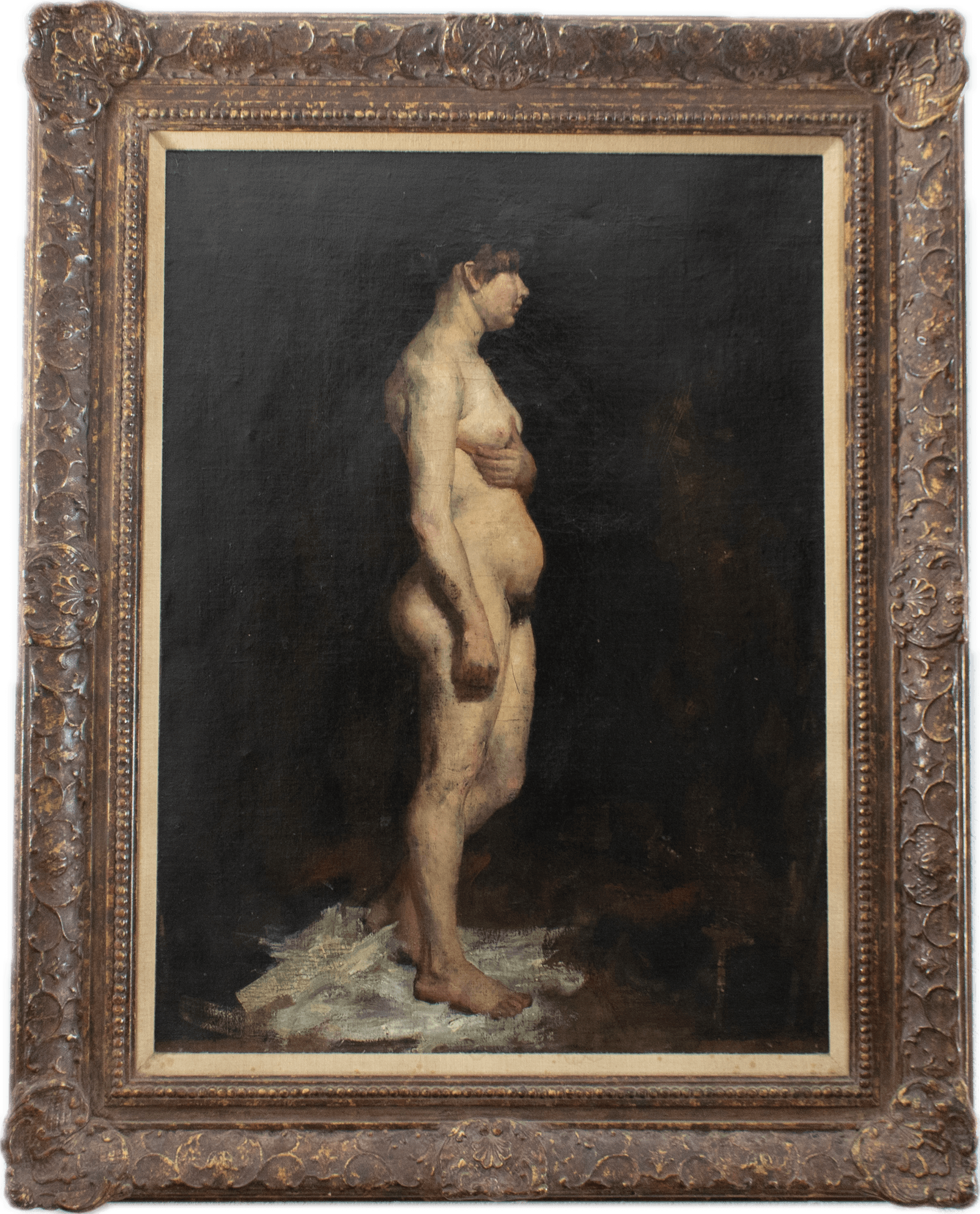 A standing female figure in profile against a dark background, rendered in warm flesh tones with confident Munich School brushwork and the bold tonal contrasts characteristic of academic figure study.