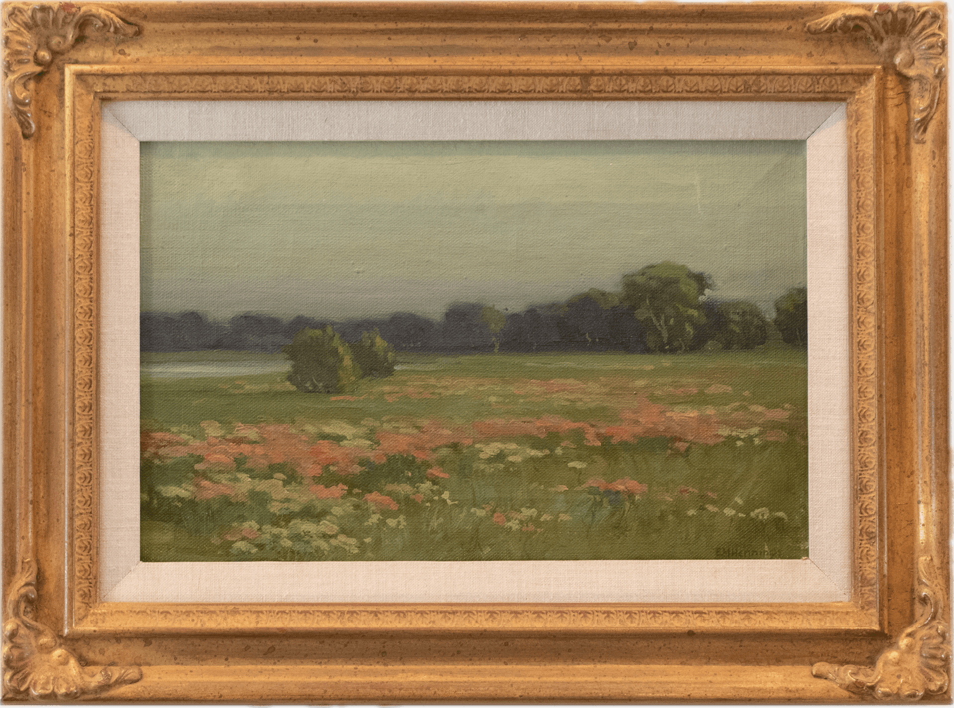 A peaceful meadow with pink and white wildflowers stretching toward distant green trees under a soft gray-green sky, capturing the quiet pastoral beauty of the Taos Valley in muted Impressionist tones.