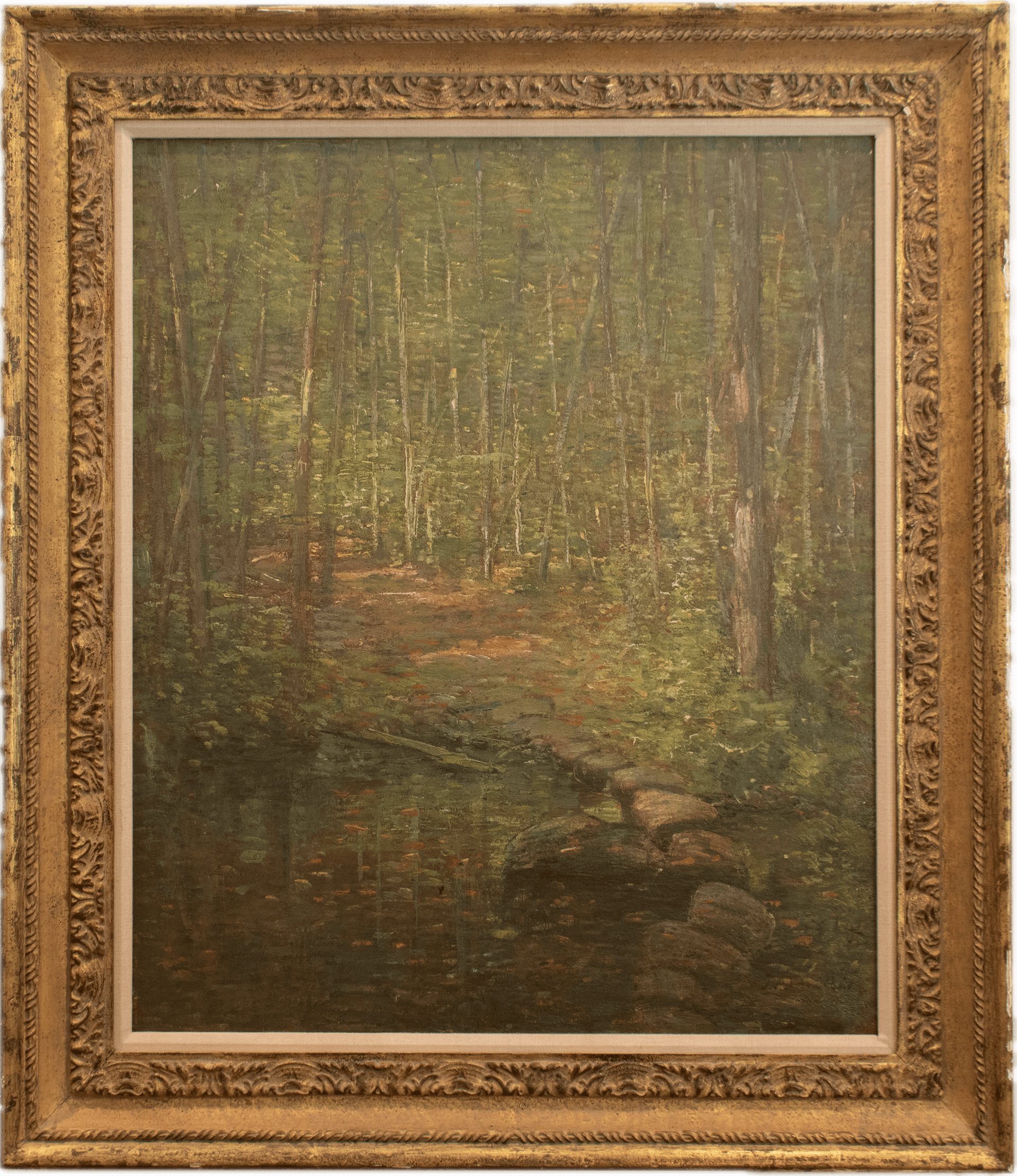 A tranquil forest pond with rocks in the foreground and dense green woodland beyond, rendered in rich greens and earth tones with the atmospheric depth and poetic naturalism of American Tonalist landscape painting.