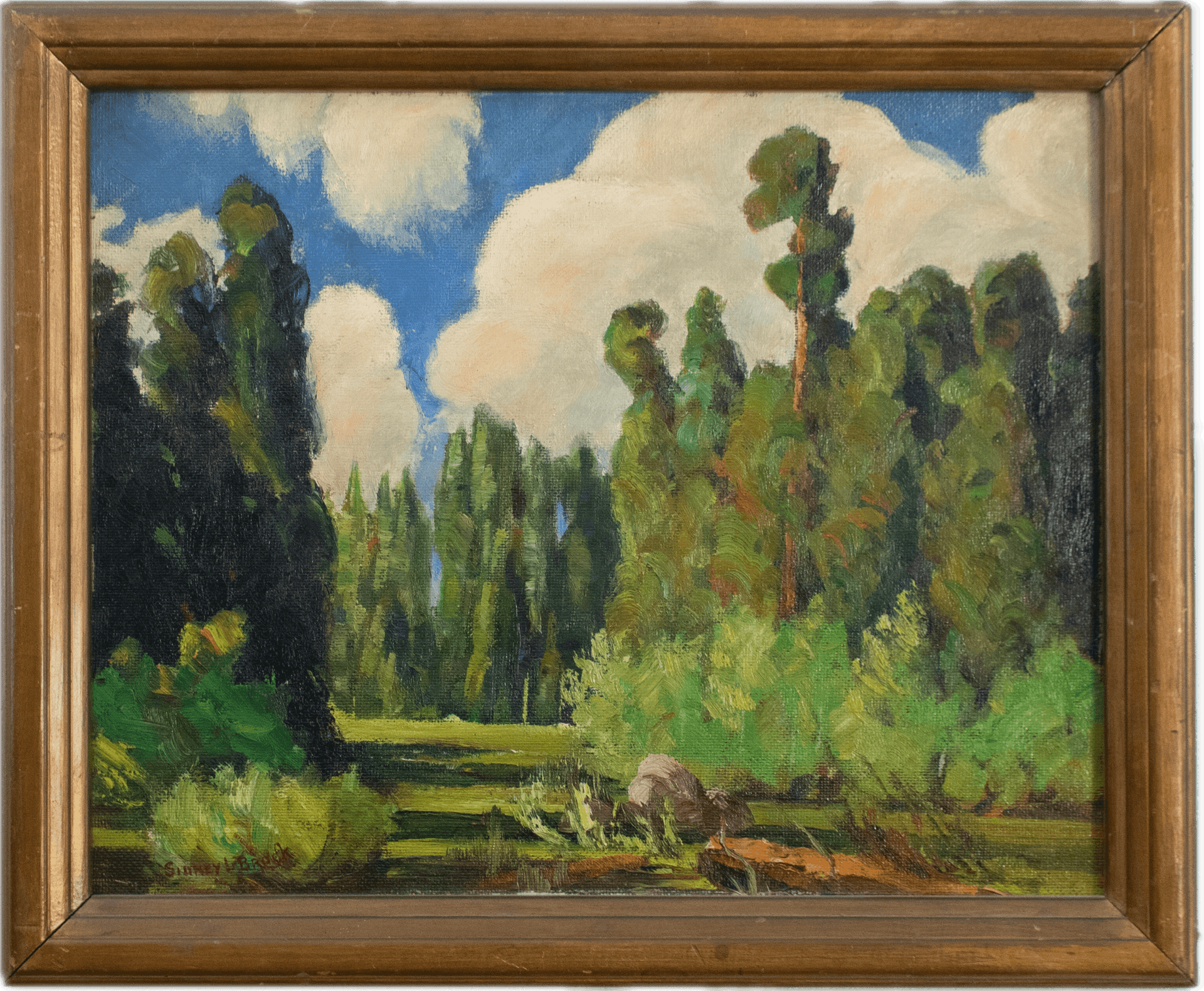 Towering sequoia trees in rich greens against a bright blue sky with billowing white clouds, showcasing the majestic California redwood forest in vibrant plein air California Impressionist style.