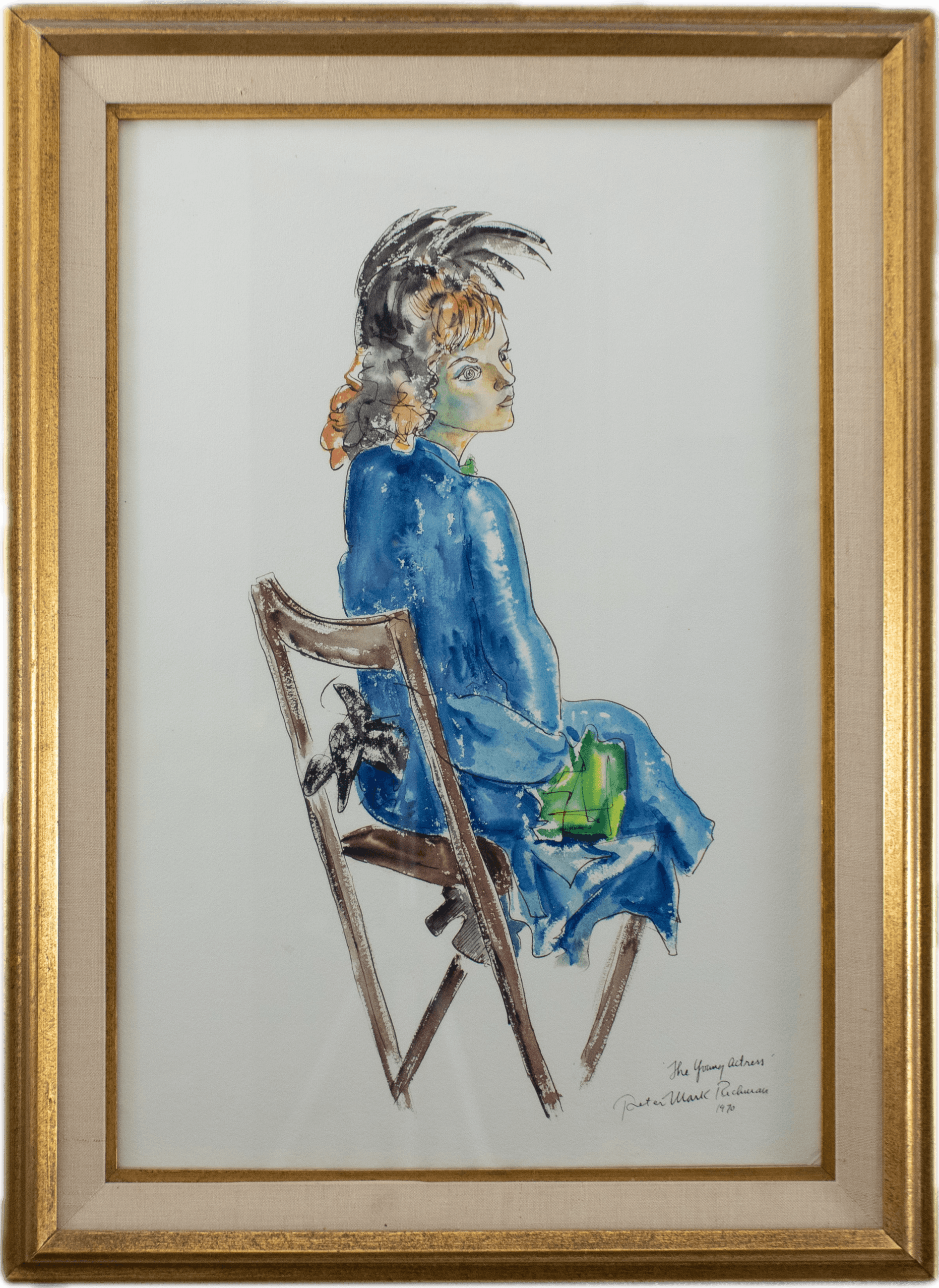 A portrait study of a young actress rendered in bold ink lines, capturing theatrical presence and expressive gesture in the tradition of performance portraiture.