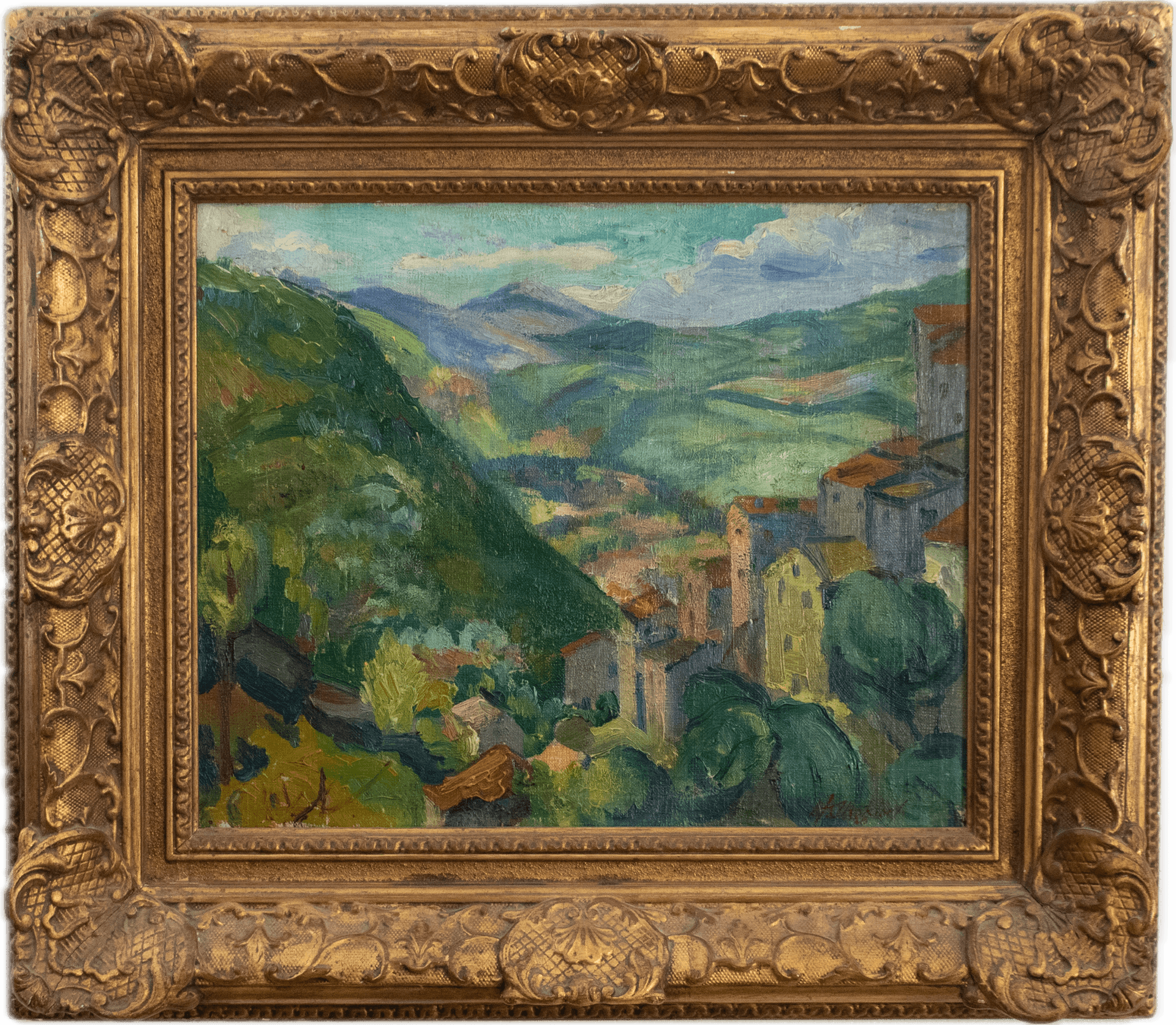 A hillside Mediterranean village with terracotta-roofed buildings cascading down green slopes toward distant blue mountains, painted in rich greens, ochres, and blues in the Post-Impressionist tradition.